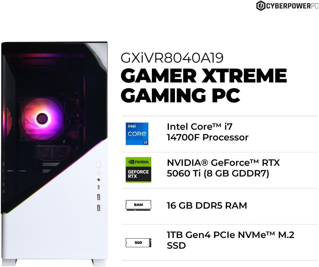 CyberPowerPC Gamer Xtreme Gaming PC, Intel Core i7-14700F 2.1GHz, GeForce RTX 5060 Ti 8GB, 16GB DDR5, 1TB PCIe 4.0 SSD, WiFi Ready & Windows 11 Home (GXiVR8040A19) - Image 3