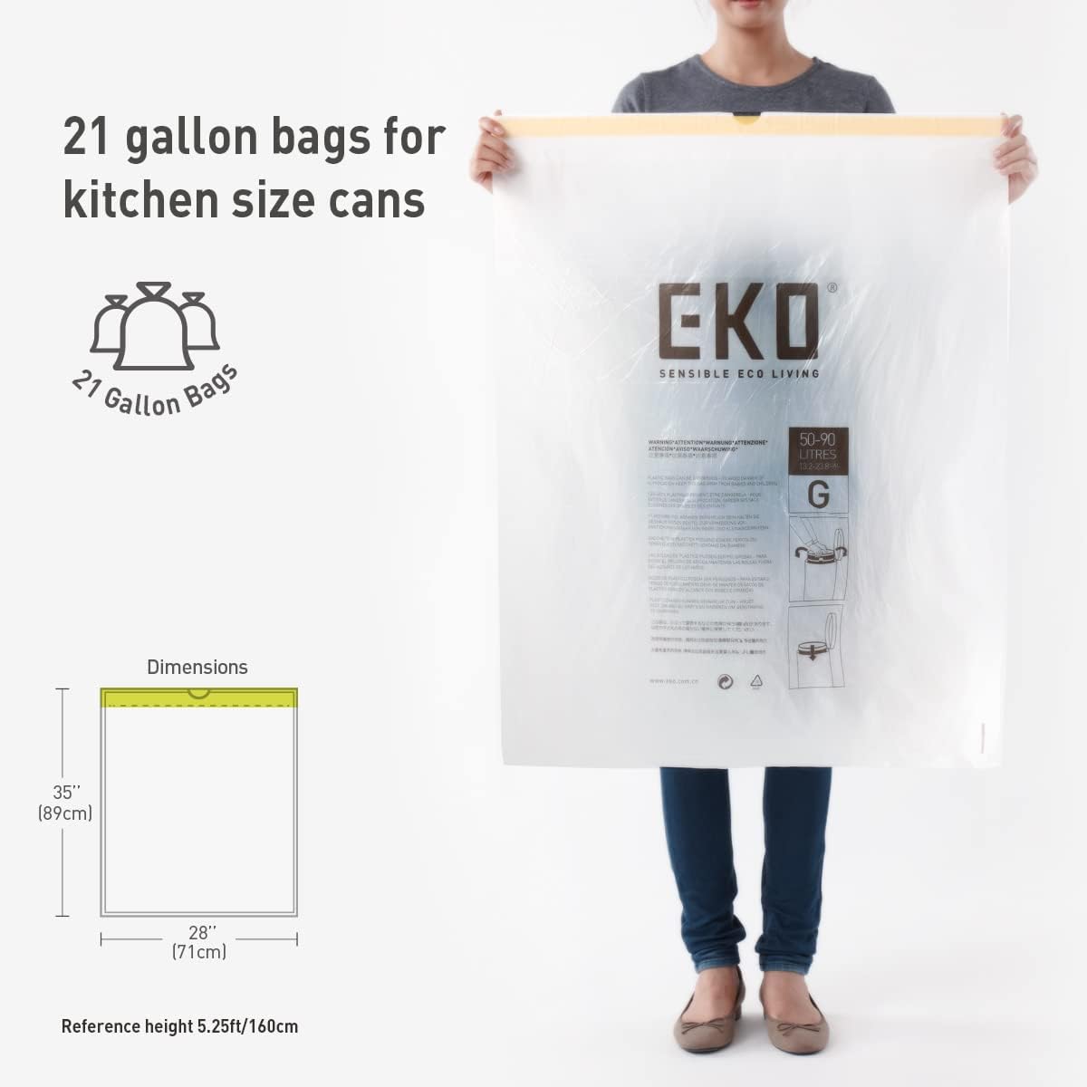EKO 21 Gallon / 50-90 Liter, 60 Count Drawstring Trash Bags, Extra-Strong Unscented Garbage Bags, Easy-Dispense Roll for Kitchen & Household Use, Code G, White - Image 6