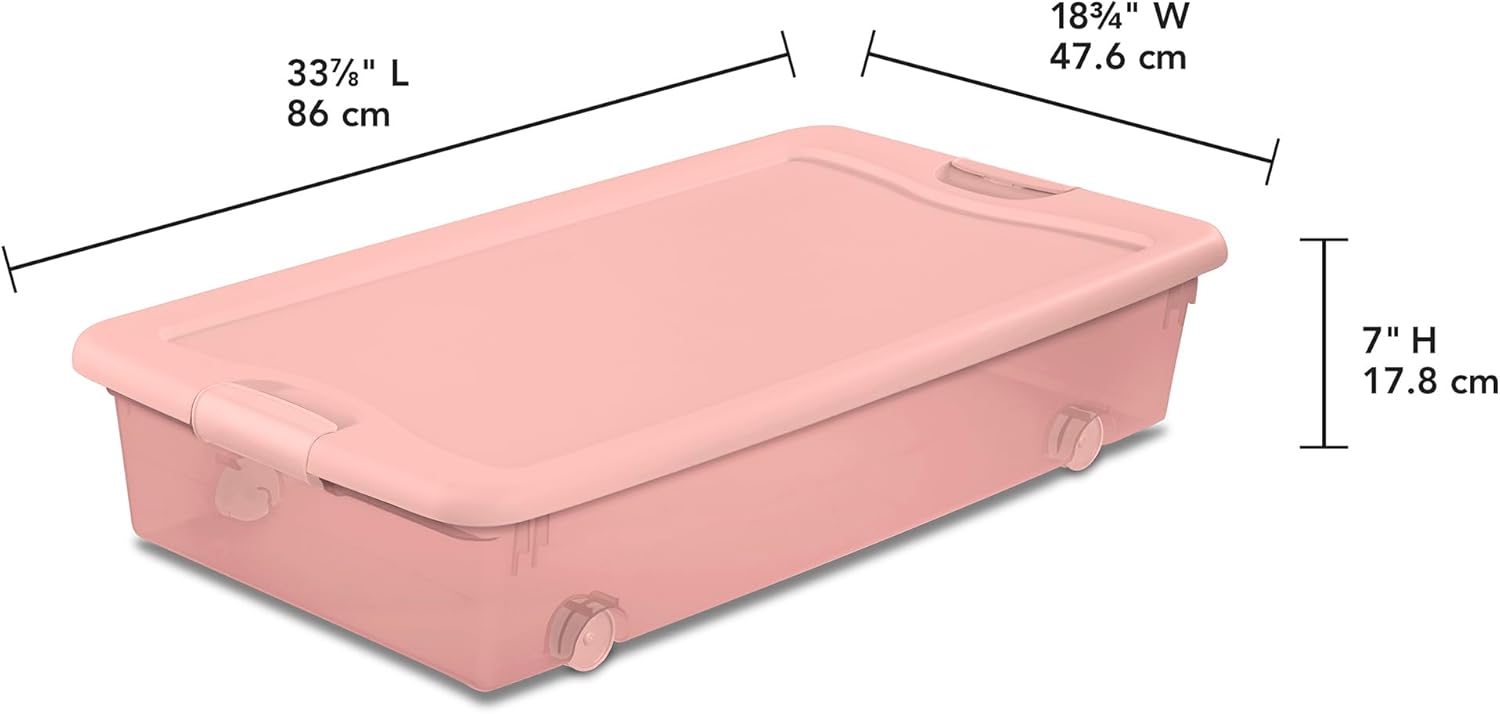 Sterilite 4-Pack 56 Quart Wheeled Latching Box, Underbed Plastic Storage Organizer, Pearl Blush Tint - Under Bed Rolling Container Bin with Lid and Wheels for Home or Dorm Bedrooms and Closets - Image 3