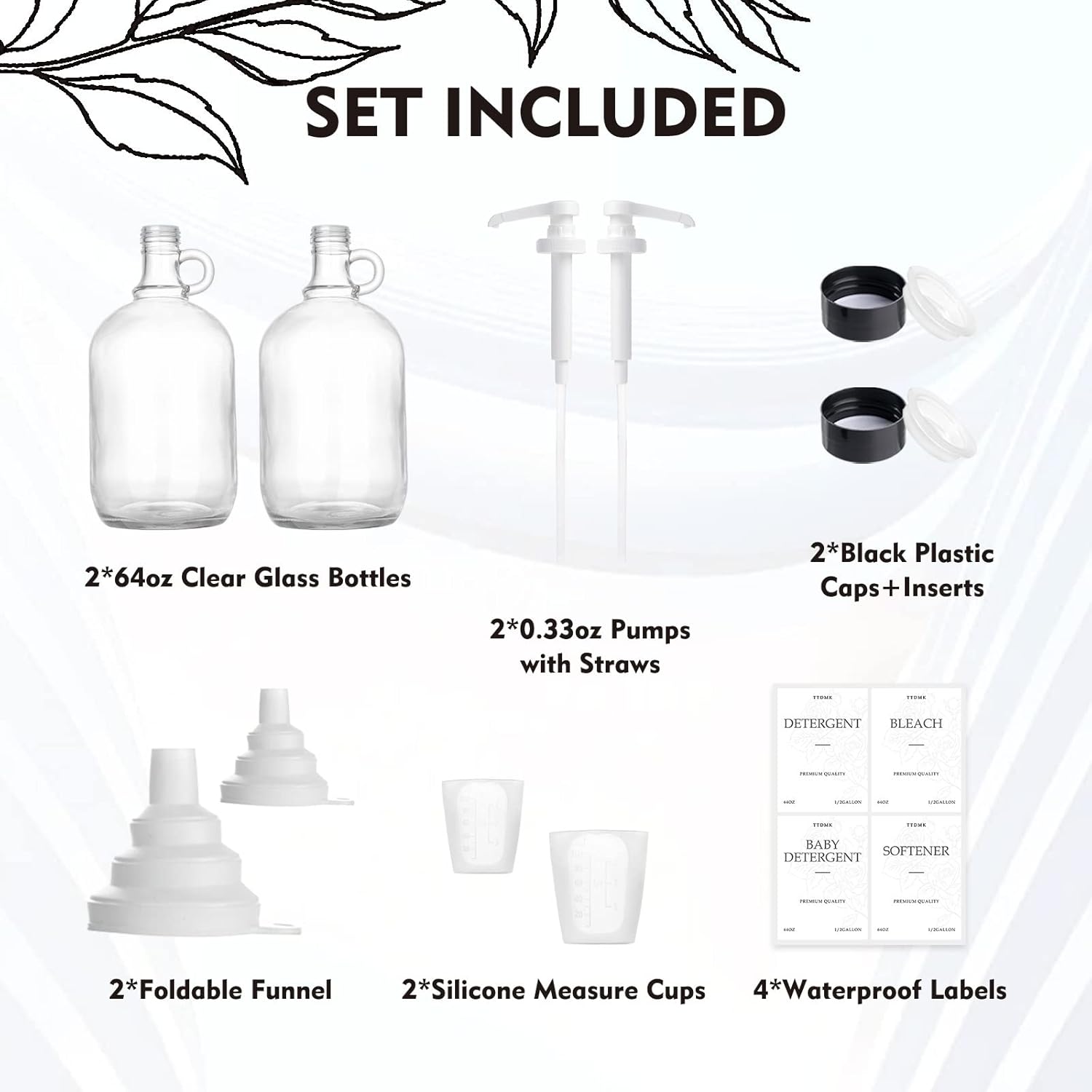 2 Pcs Glass Liquid Laundry Detergent Dispenser, Half Gallon Laundry Soap Dispenser for Laundry Room (64 oz. Each), Laundry Detergent Bottles with Pump Dispenser -Includes Labels, Funnel, Measuring Cup - Image 3