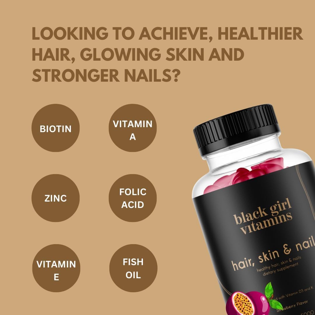 Black Girl Vitamins - Hair, Skin, and Nails Gummies with Biotin (6000 mcg), Zinc, Gelatin Free, Vitamin A, and Vitamin E - Gluten-Free. Made in The USA (Passion Fruit, 60 Count) 30 Day Supply - Image 5