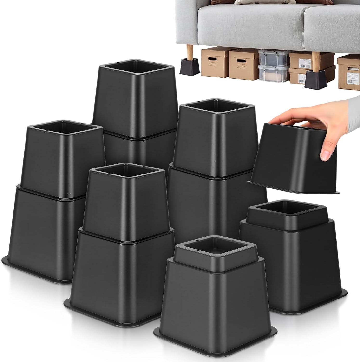 6 Pack Adjustable Bed Risers 3 & 5 Inch Stackable or 8 Inch Combined Heavy Duty Furniture Risers for Sofa Desk Legs Increase Under Bed Storage, Supports Up to 1300lbs - Image 2