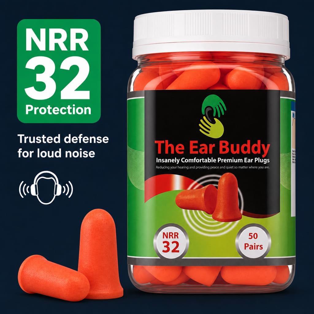 The Ear Buddy Premium Soft Foam Ear Plugs for Sleeping Noise Cancelling, Hearing Protection Earplugs for Shooting Range, Concerts, Work & Travel, Noise Reduction Rating 32 Decibels, 50 Pairs - Image 3
