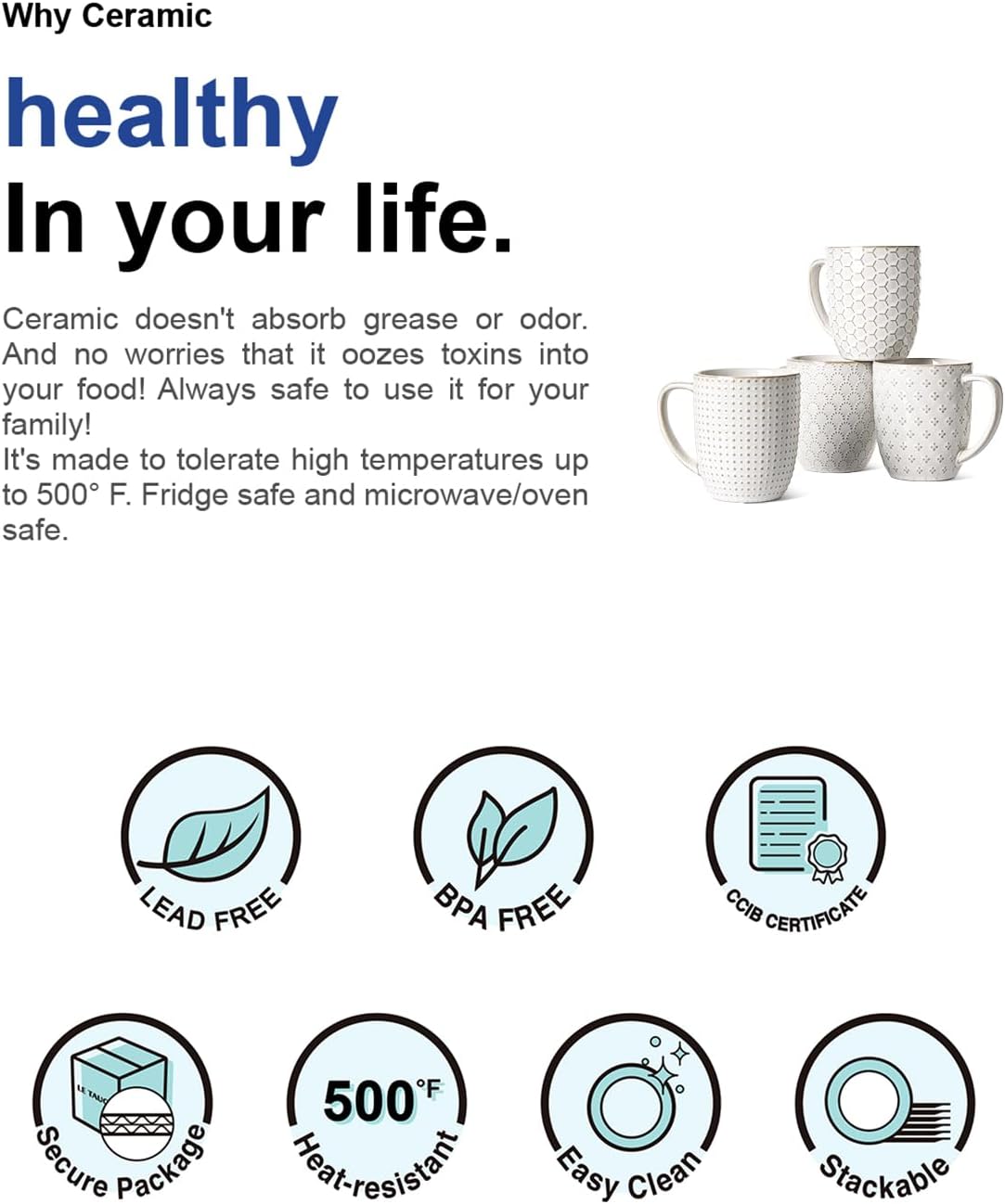 LE TAUCI Coffee Mugs 16 oz,Ceramic Mug Set, Embossment Cups for Latte, Hot Tea, Cappuccino, Mocha, Cocoa, Dishwasher Safe, Suit For Housewarming Wedding- 3.8 inch, Set of 4, Arctic White - Image 10