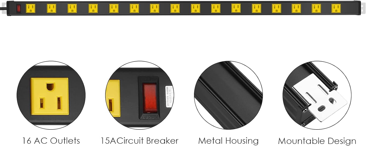 JUNNUJ Long Metal 16 Outlet Wide Spaced Garage Industrial Heavy Duty Power Strip with 6 FT Cord 15A, 125V, 1875W. Yellow - Image 2