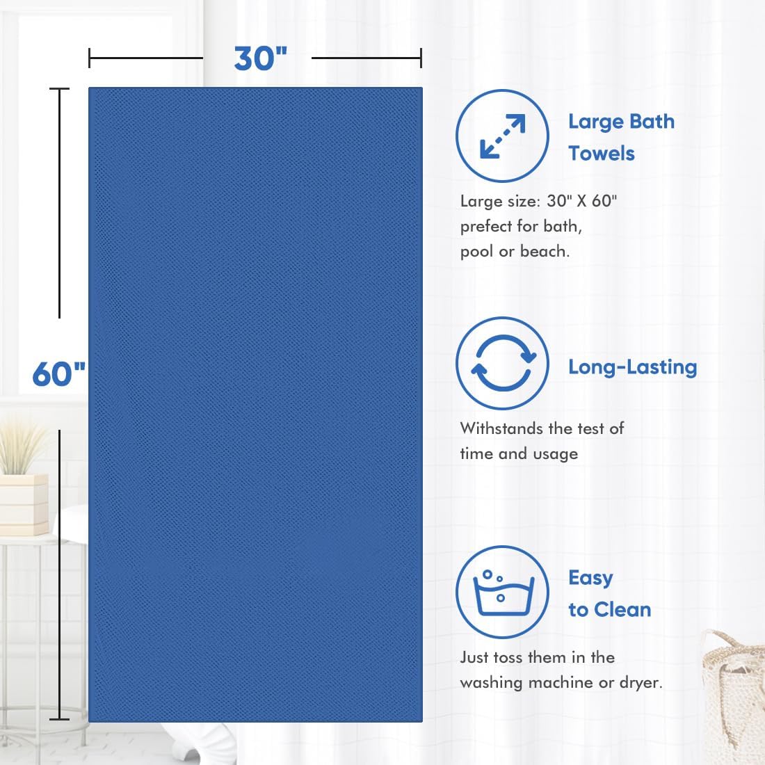 HOMEXCEL Bath Towel Set Pack of 4, 30 x 60 Inches Large Microfiber Bath Towels, Soft, Absorbent, and Quick Dry Towels for Bathroom, Pool, Beach, Swim, and Yoga, Large Bathroom Towels, Blue - Image 5