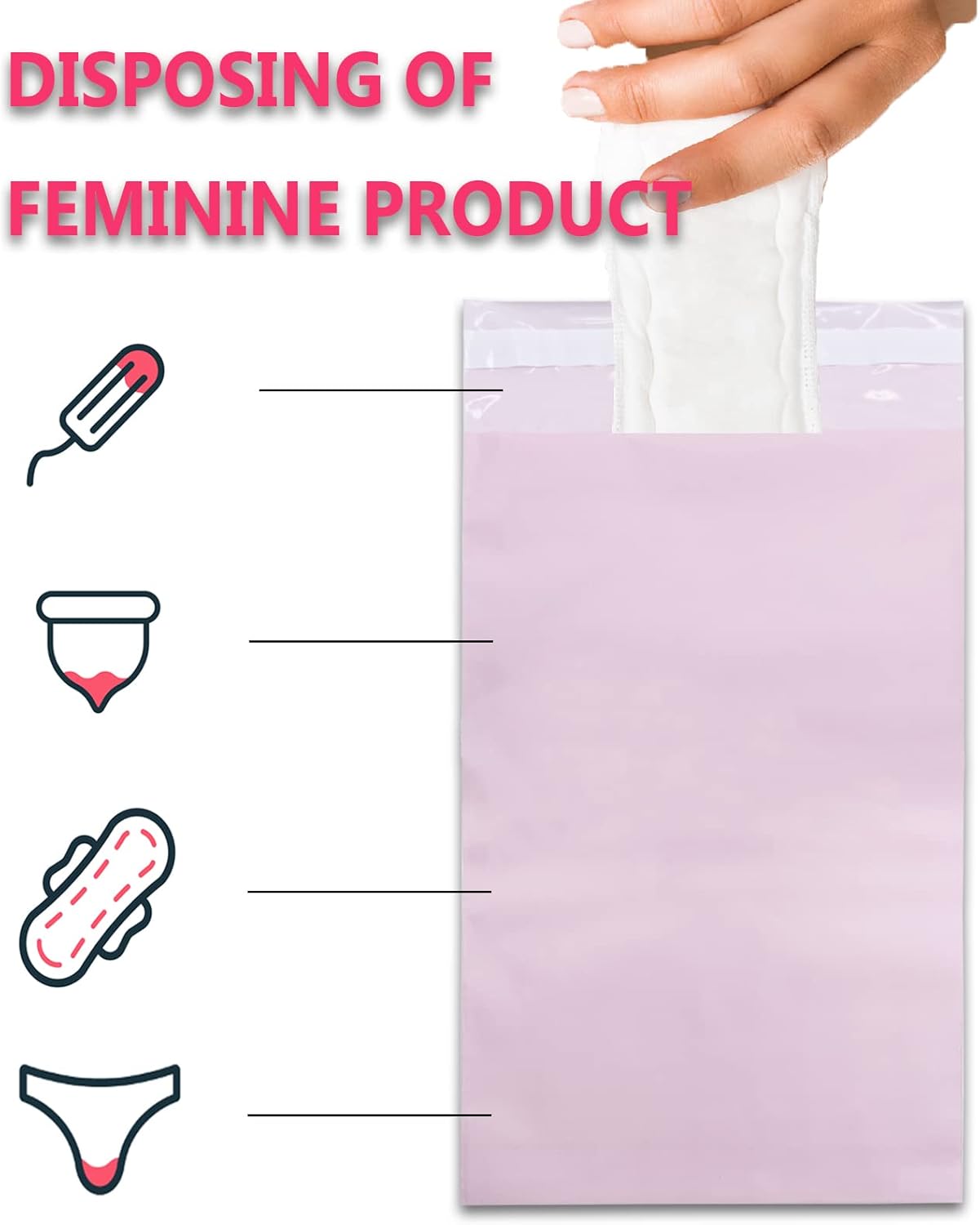 Sanitary Napkin Disposal Bags - Block Odors, Great Adhesion, Feminine Hygiene Disposal Bags for Tampons and Pads Pink 100Pcs - Image 6