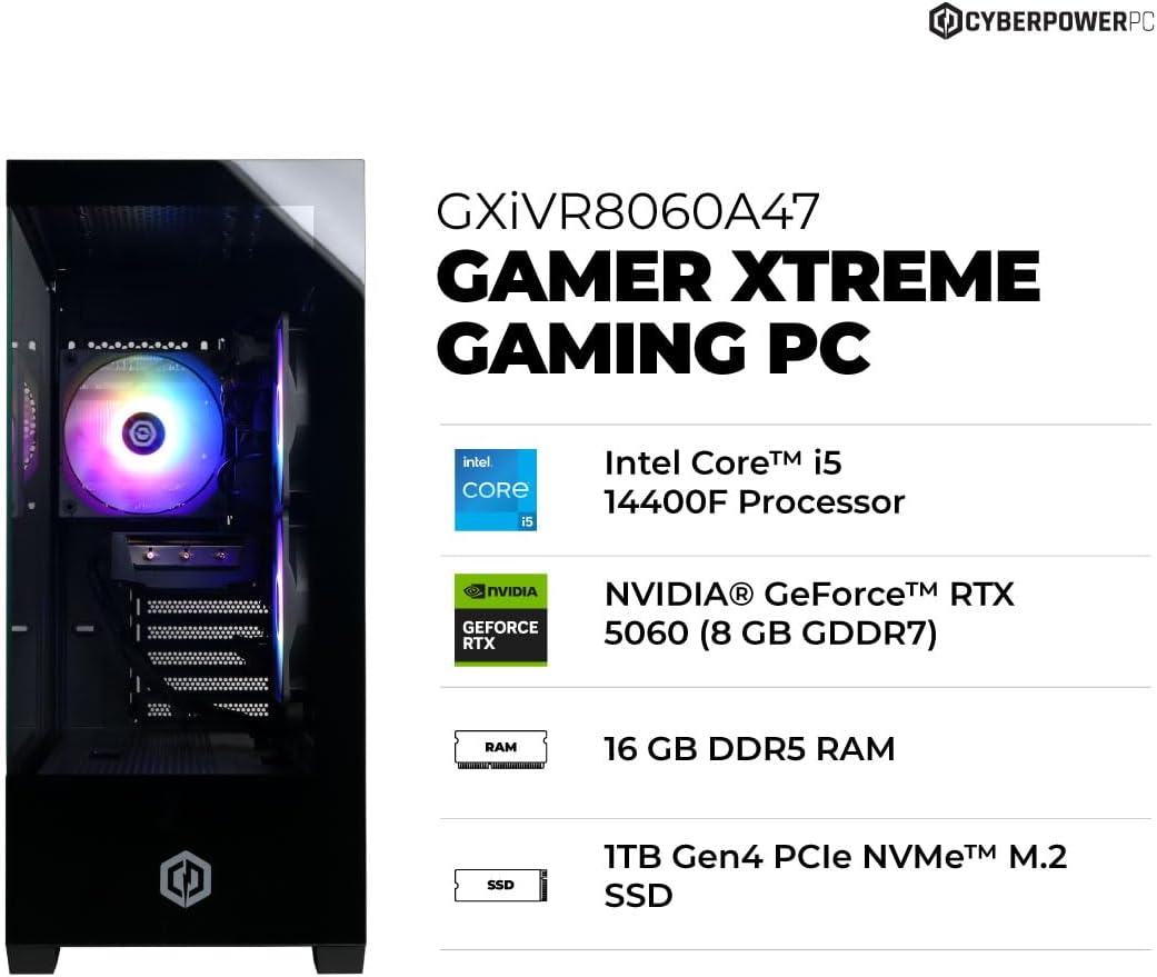 CyberPowerPC Gamer Xtreme Gaming PC, Intel Core i5-14400F 2.5GHz, GeForce RTX 5060 8GB, 16GB DDR5, 1TB PCIe 4.0 SSD, WiFi Ready & Windows 11 Home (GXiVR8060A47) - Image 3