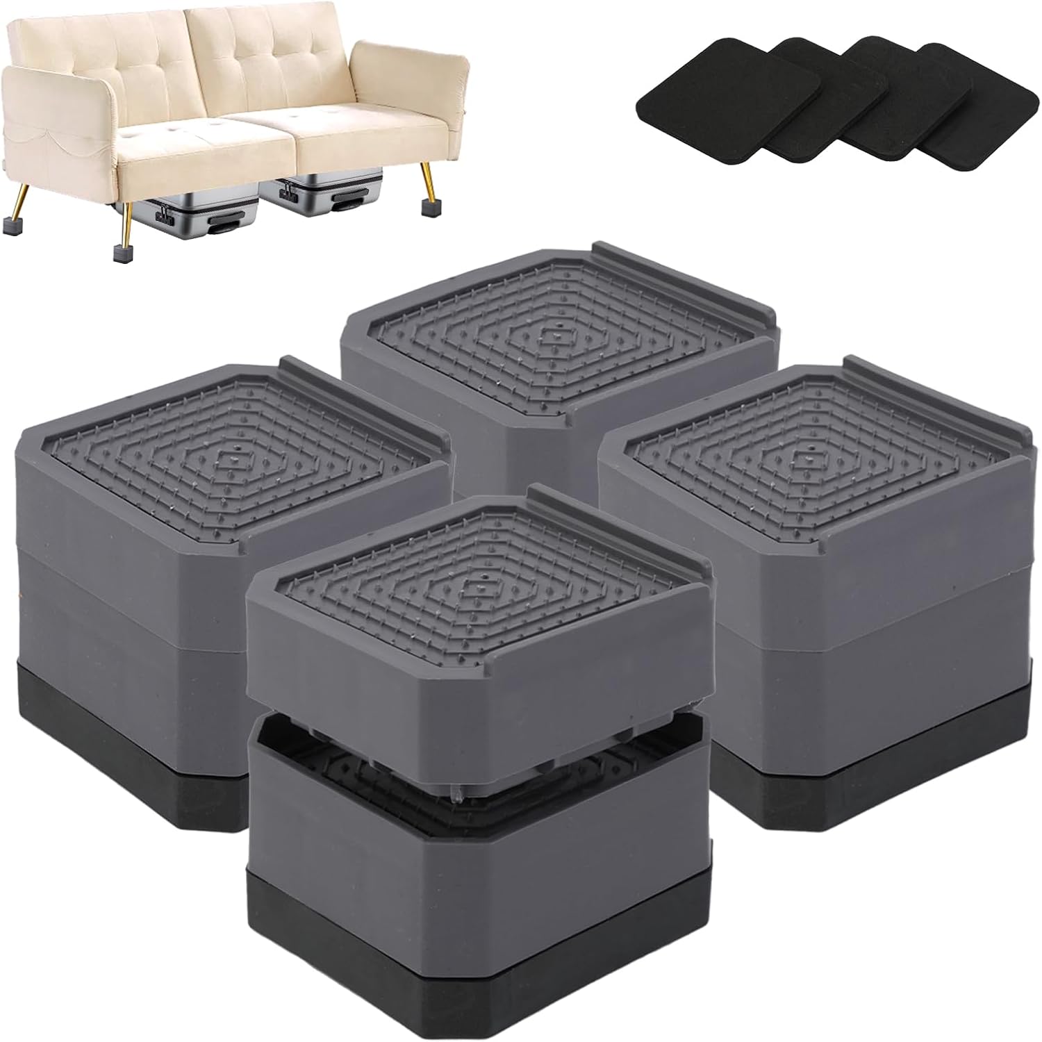 8 Pack Furniture Risers, Adjustable Heavy Duty Bed Risers Lift to 1.5", Square Stackable Desk Table Risers Blocks for Couch Sofa Chair Refrigerator Washing Machine (Square-4 Pack-Grey) - Image 2