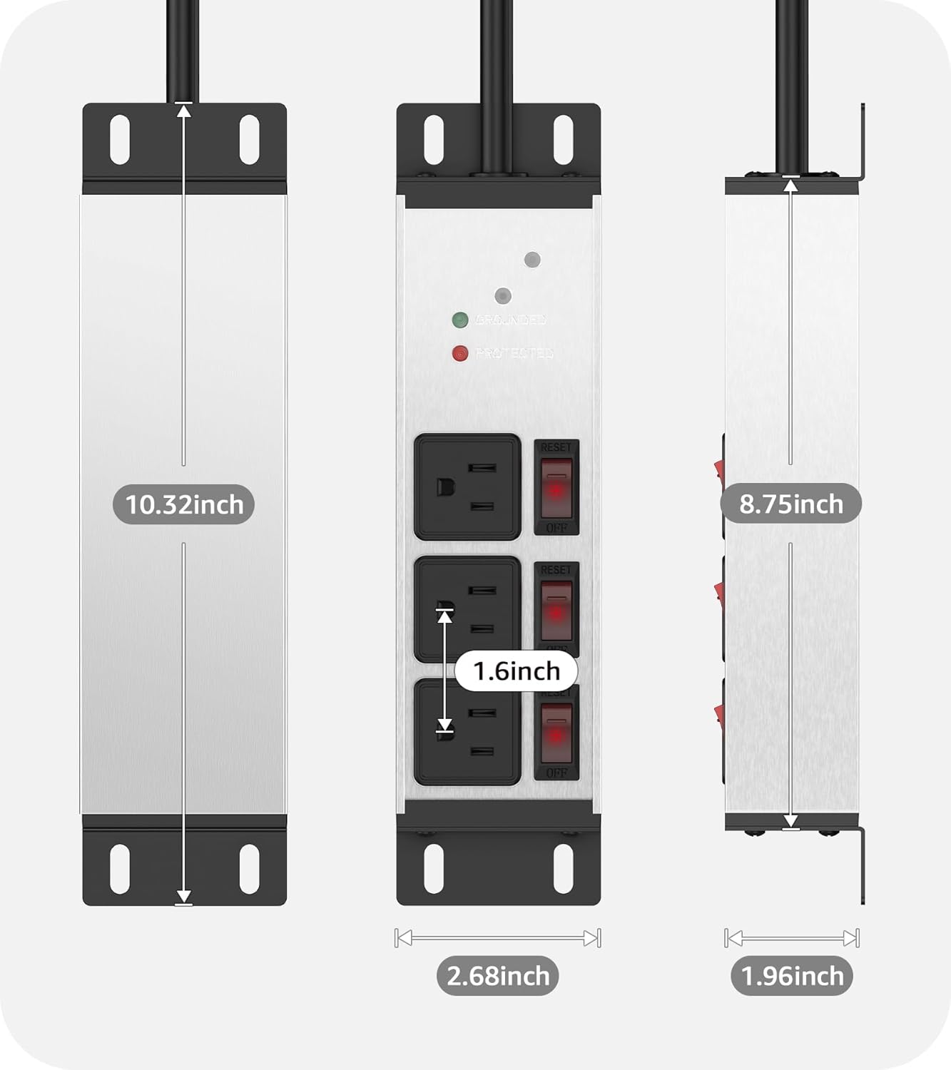 CCCEI 3 Outlet Heavy Duty Surge Protector Power Strip 20 Amp Individual Switches. 12 Gauge Extension Cord, Overload, Ground Protection. Garage Wall Mount Electric Extender, 6FT, Silver. - Image 7