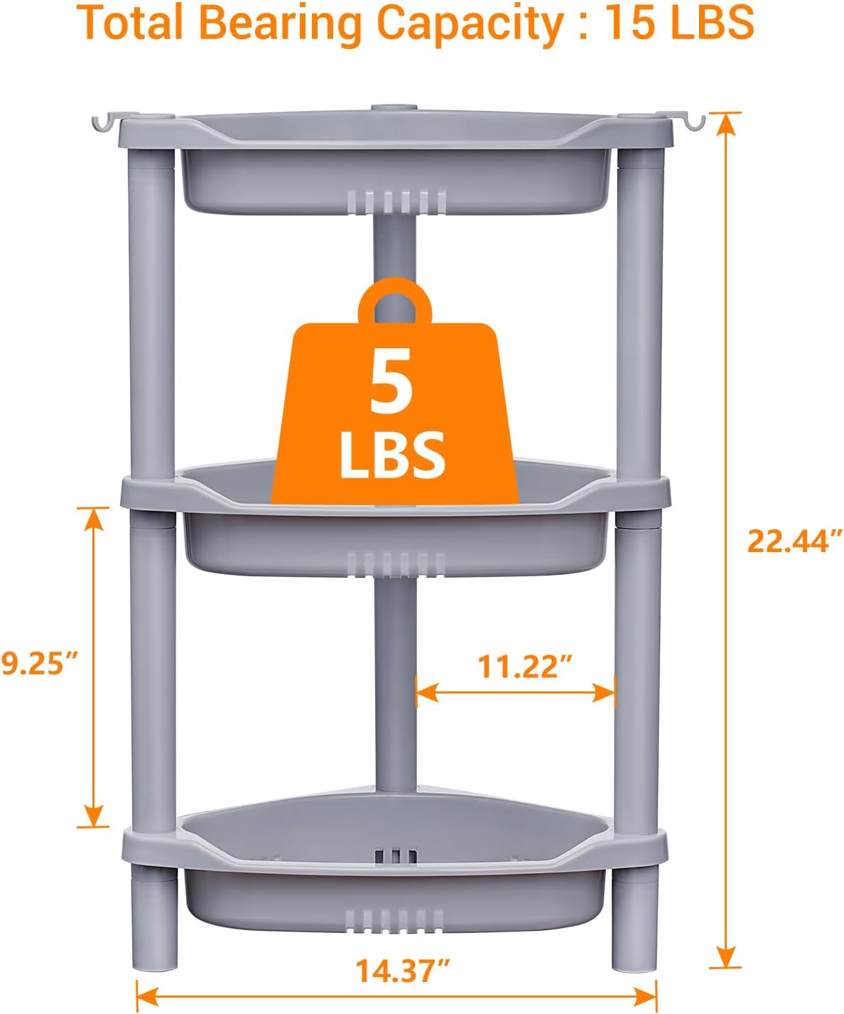 ELYKEN 3 Tier Shower Caddy Organizer Shelf Corner, 14.4 x 11.2 x 22.4 Inches, Rustproof, Plastic Shower Rack Stands for Inside Bathroom, Bathtub, Shower pan, Grey - Image 3