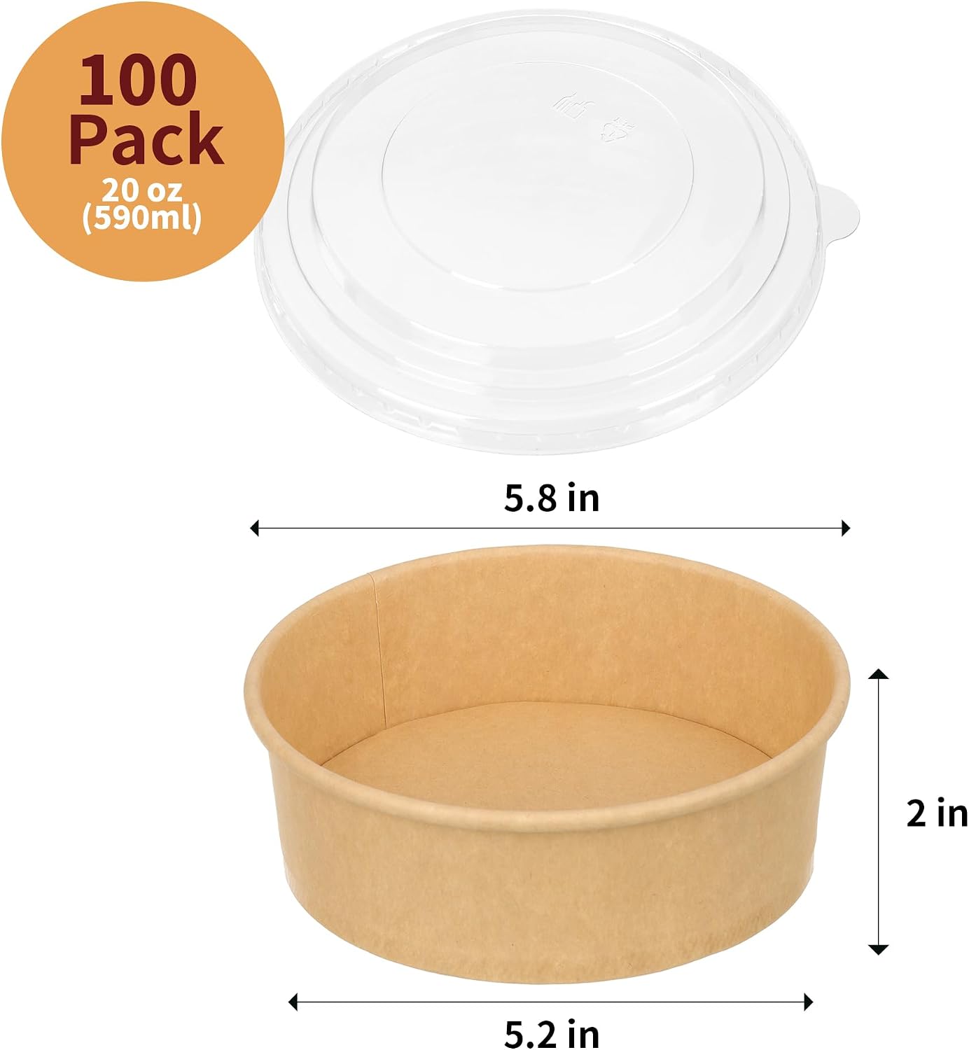 100 Pack 20 oz Disposable Bowls with Lids, Kraft Paper Salad Bowls with Lids, Paper Soup Bowls Food Container for Cold/Hot Food or Takeout - Image 3