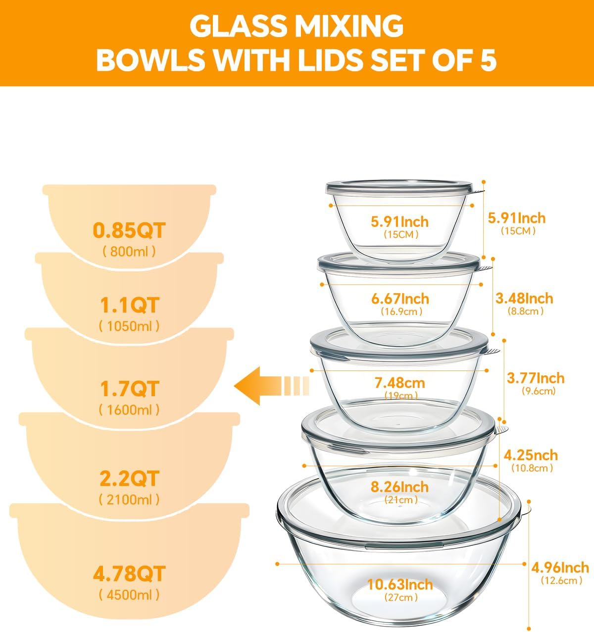 Glass Mixing Bowls with Lids Set of 5(4.78QT,2.2QT,1.7QT,1.1QT,0.85QT),Thick Glass Nesting Bowls for Kitchen Baking,Cooking Prep,Storage,Serving,Large Salad Bowls,Dishwasher Microwave Freezer Safe - Image 6