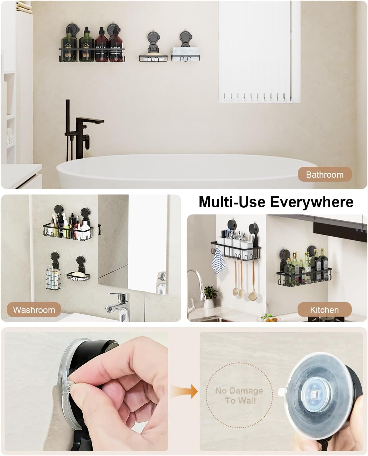 JOTPE Shower Caddy Suction Cup 5 Pack, No Drilling & Removable Suction Cup Shower Shelf for Bathroom with Large Capacity, Powerful Shower Organizer Max Hold 40 lbs, Waterproof Bathroom Shelf, Black - Image 9