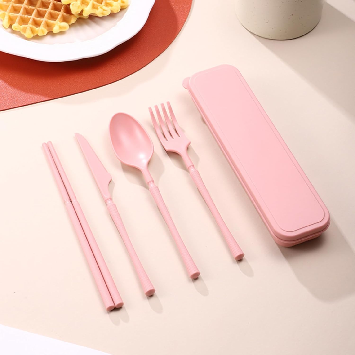Reusable Travel Utensils Set with Case, Wheat Straw Portable Plastic Fork Spoon Knife Chopsticks Camping Cutlery, Eco-Friendly BPA Free Tableware Picnic Flatware for Kids Adults or Daily Use (Pink) - Image 4