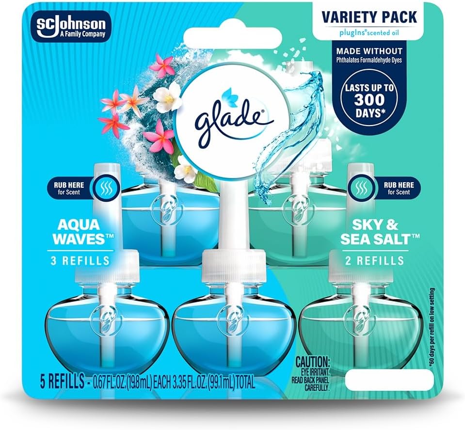 Glade PlugIns Refills Air Freshener, Aqua Waves and Sky & Sea Salt, Scented and Essential Oils for Home and Bathroom, 0.67 Fl Oz, 5 Count