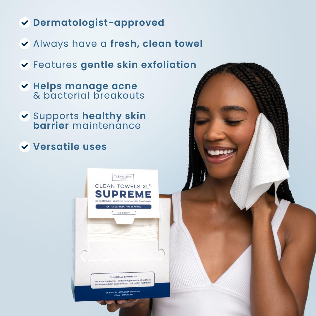 Clean Skin Club Clean Towels XL® Supreme, 100% USDA Biobased Face Towel, Disposable Face Towelette, Eczema Association Accepted, Thicker Textured Dry Wipes, Ultra Absorbent & Soft, 1 Pack, 50 Ct - Image 8