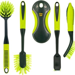 Pine-Sol Scrub Brush Set – Long Handle Cleaning Brushes with Heavy Duty Bristles and Comfort Grip – Scrubbers for Kitchen, Household, and Dishwashing, 5 Pieces
