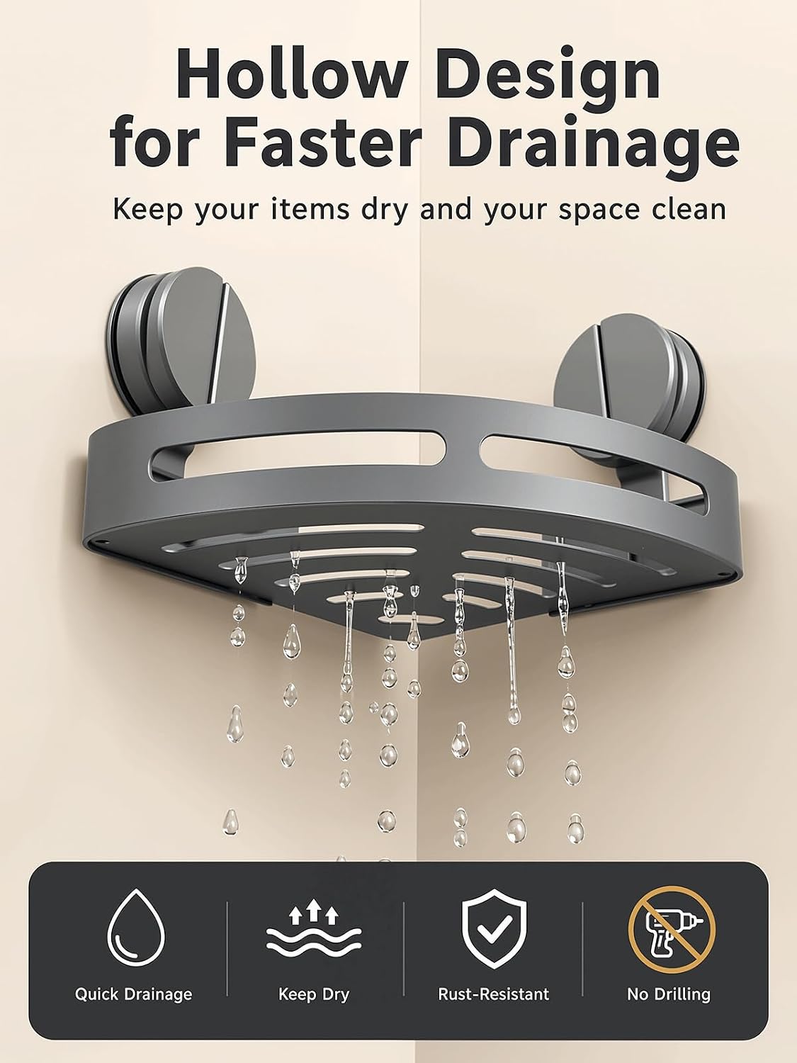 Suction Cup Corner Shower Caddy with Towel Bar & Hooks | No drilling required. Strong suction cup corner shelf for bathroom storage. Securely holds all daily shower essentials. - Image 8