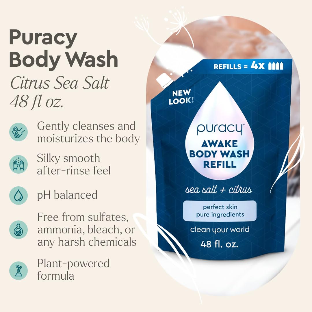 Puracy Body Wash Refill, Natural Body Wash, 98.6% Pure Plant Ingredients, Moisturizing Shower Gel for Women Men Kids, Body Soap for Dry Sensitive Skin Gently Scented with Citrus & Sea Salt, 48 Oz - Image 3