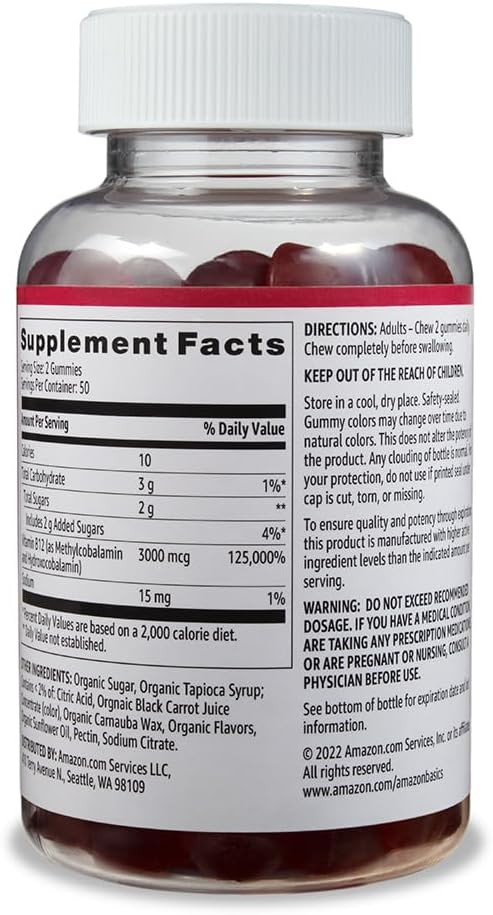Amazon Basics Vitamin B12 3000 mcg Gummies, Normal Energy Production and Metabolism, Immune System Support, Raspberry, 100 Count (2 per Serving) (Previously Solimo) - Image 3