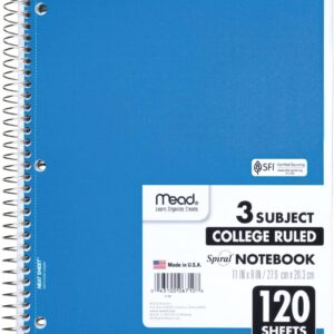 Mead Spiral Notebook, 3 Subject, College Ruled Paper, 8″ x 11″, 120 Sheets, Color Will Vary (820394-25)