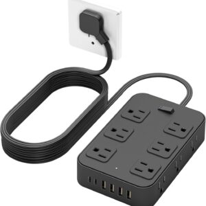 Flat Plug Power Strip Surge Protector 5 Ft Extension Cord with 12 AC Outlets 6 USB Ports 3 Side Multi Plug Outlet Extender Home Office Kitchen Dorm Room Wall Desk Charging Station ETL Listed