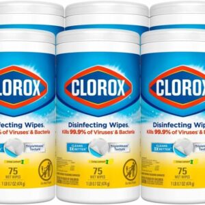 Clorox Disinfecting Cleaning Wipes, Bleach Free, Crisp Lemon, 75 Count, Pack of 6 (Pack May Vary)