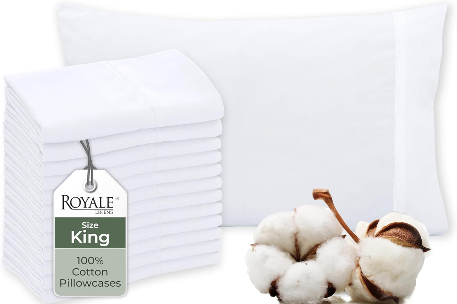 Royale Linens White Cotton Pillow Cases King Size Set of 12 - Bed Pillow Covers - 100% Cotton Pillowcases - Soft & Cooling - Envelope Closure - Hotel Quality Bulk Pillowcases 20" x 40" - Image 2