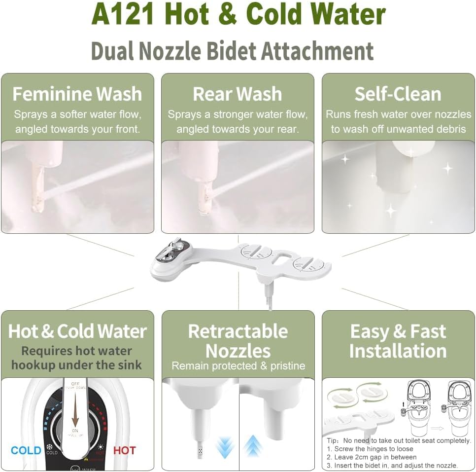 APURE BIDET A121 - Hot and Cold Water Bidet Attachment for Toilet Seat - Dual nozzle - Rear and Feminine Wash- Selfcleaning- Adjustable Water Pressure Non-Electric Bidet Toilet Seat Attachment - Image 4