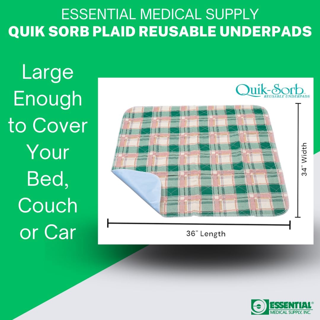 Essential Medical Supply Quik-Sorb 34" x 36" Plaid Quilted Reusable Underpad in 3 Pack - Waterproof Incontinence Bed Pads for Adults, Washable and Reusable Bed Pads for The Couch, Car and Bed - Image 7