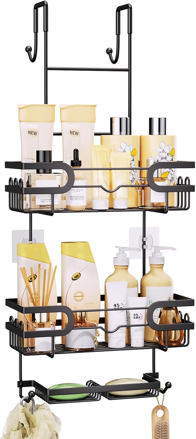 SWTYMIKI Over the Door Shower Caddy Hanging with Double Soap Holder, Hanging Shower Organizer with 16 Hooks, No Drilling Shower Shelves Over Door, Bathroom Rack and Storage, Black - Image 2
