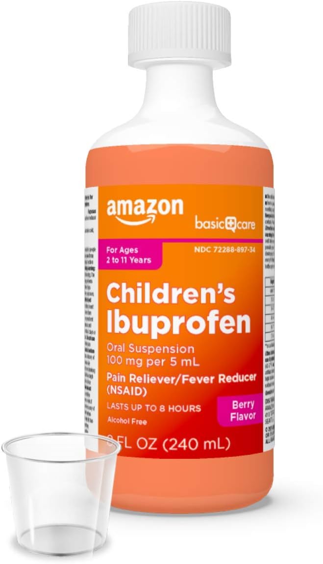 Amazon Basic Care Children's Ibuprofen Oral Suspension, 100 mg per 5 mL, Pain Reliever and Fever Reducer, Berry Flavor, For Sore Throat, Headache Relief and More, 8 fl oz (Pack of 1) - Image 6