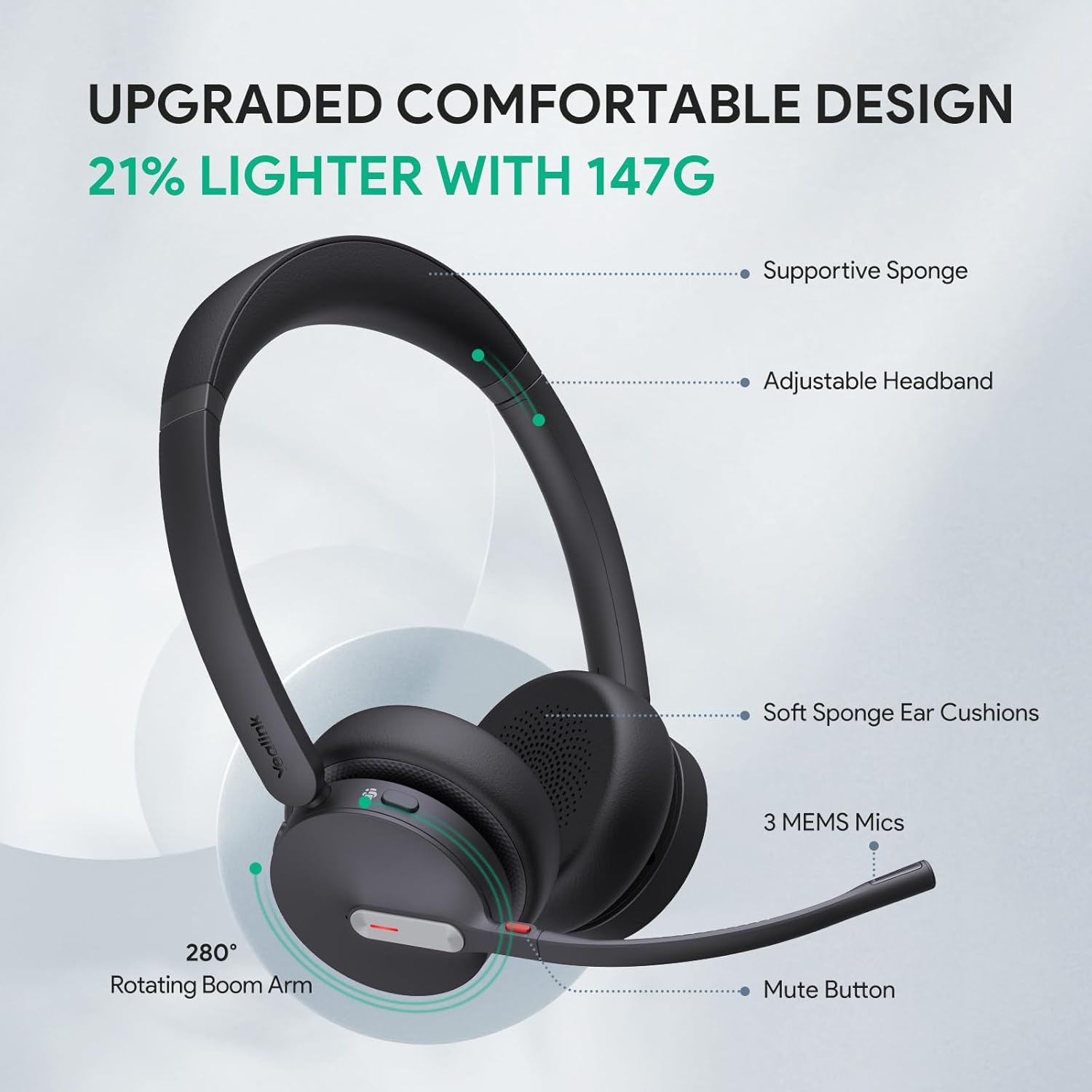 Yealink BH70 with Stand, Wireless Bluetooth Headset with Microphone for Work, Up to 35 Hours Talk Time, Teams Certified, ≤90 Minutes Quick Charging, USB-C/A Adapter, No Power Adapter Required - Image 9
