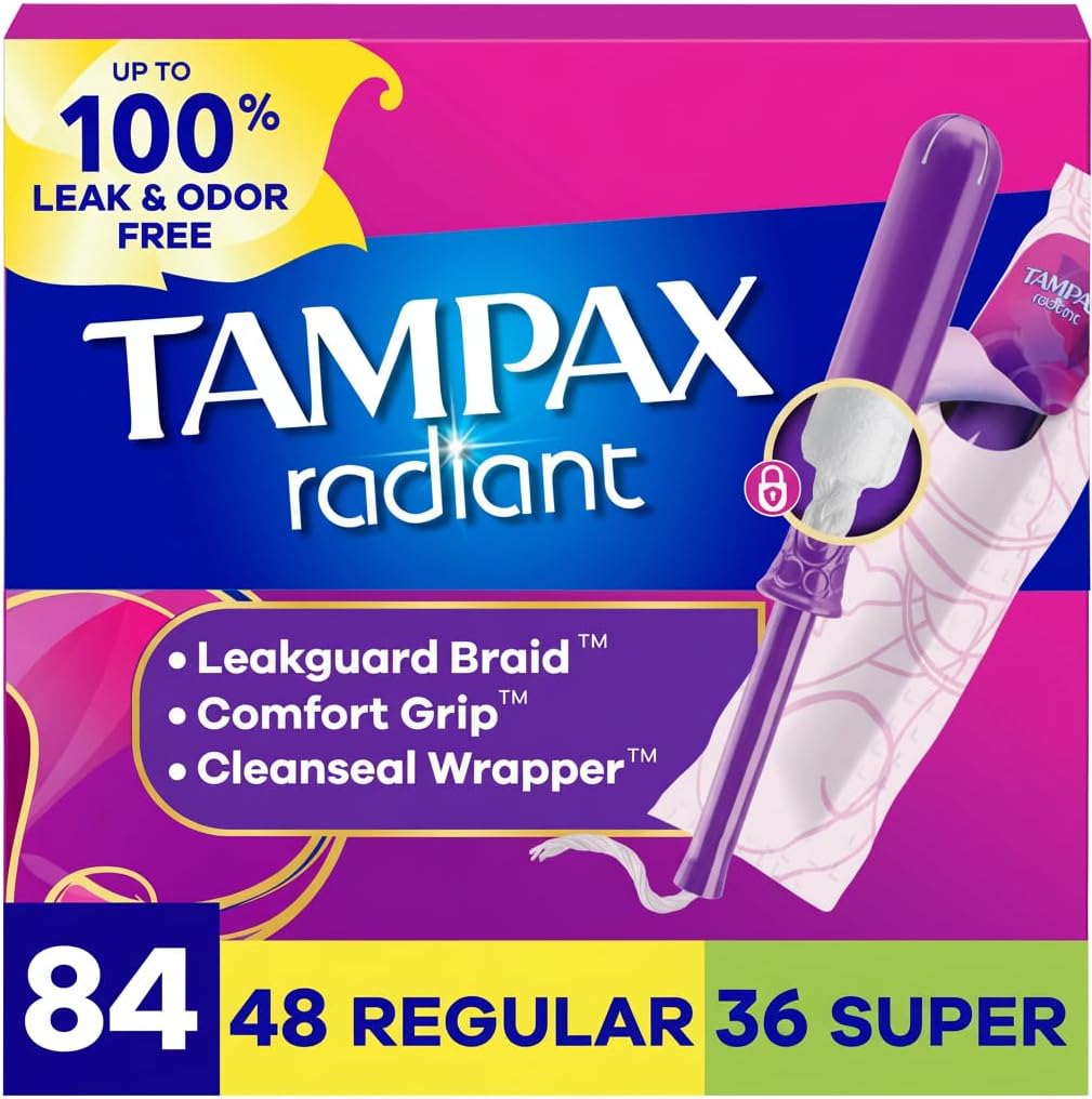 Tampax Radiant Tampons for Women Multipack, with LeakGuard Braid, Regular/Super Absorbency, Unscented, 84 Count (3 Packs of 28), Packaging May Vary - Image 2