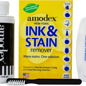 Amodex Ink & Stain Kit with Stain Remover Brushes, Removes Ink, Sharpie, Grease, Food and More, Safe and Effective on Clothes, Leather and Skin, Includes 1 Bottle and 2 Brushes