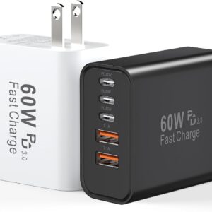 USB C Fast Charger Block, 60W 5-Port USB C Wall Charging Blocks, Type C Charger Fast Charging Brick, 3USB C+2USB A PD&QC3.0 Multiport Charger Plug for iPhone 17/16/15/14/13 Pro Max, Pad, White+Black