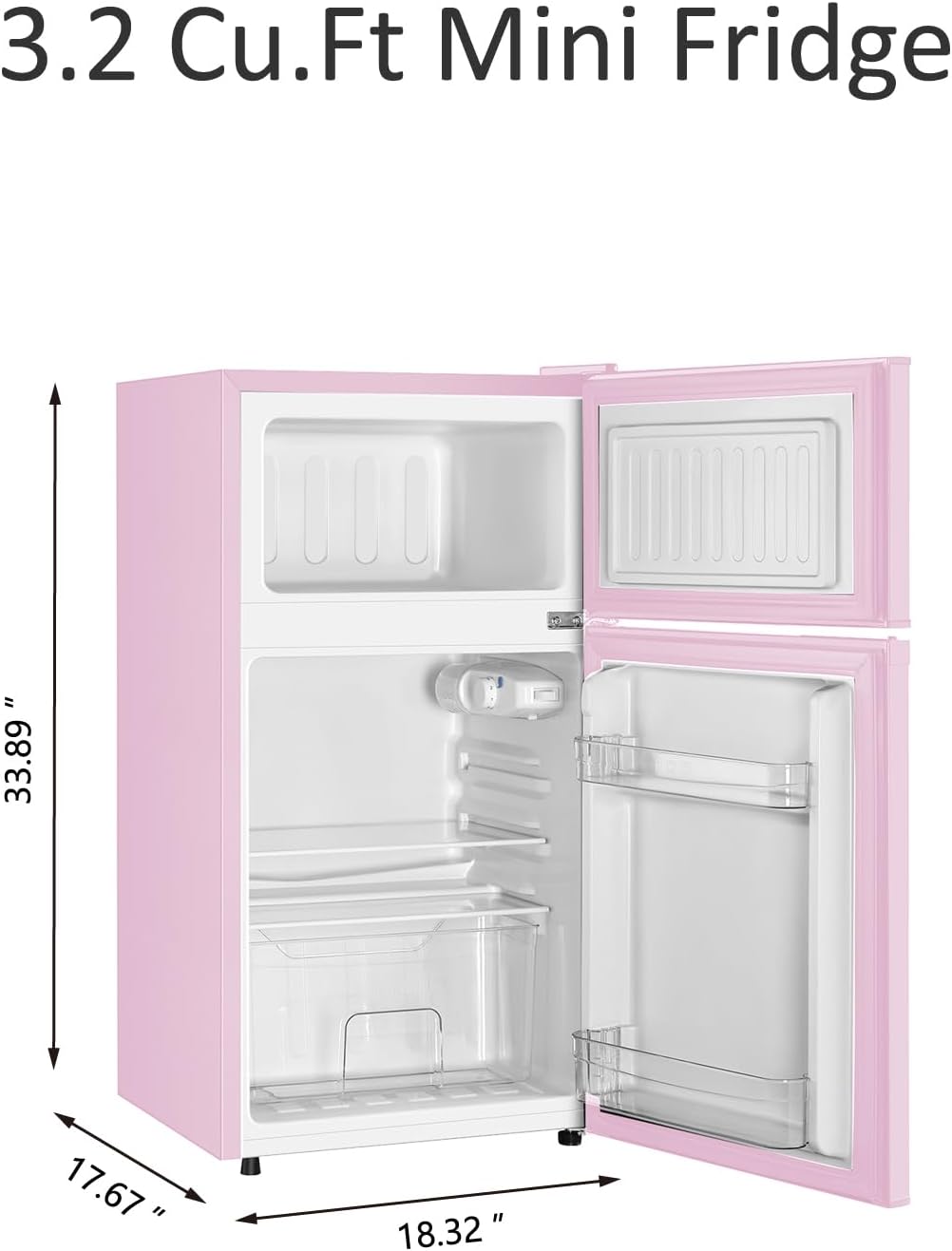 Saeoola Mini Fridge with Freezer, 3.2 Cu.Ft, 2 Doors Compact Mini Refrigerator with Separate Freezer for Dorm, Bedroom, Office, Apartment with 7-Level Temperature Control, Removable Shelves (Pink) - Image 6