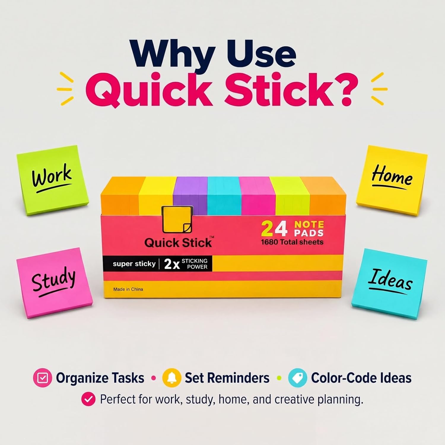 Sticky Notes, 24 Pads, 1680 Sheets Total, 3x3 in Bright Neon Colors, 2X Super Sticky Self-Stick Note Pads for Office, School, Home, Bulk Pack 70 Sheets Per Pad, Strong Hold Memo Notes - Image 8
