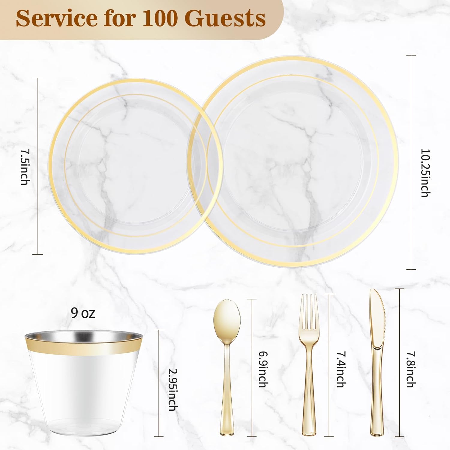 BESTVIP 600PCS Clear Gold Dinnerware Set for 100 Guests, Plastic Plates for Party, Christmas and New Year, 100 Disposable Plates, 100 Dessert Plates, 100 Cups, 100 Spoons, 100 Forks and 100 Knives - Image 4