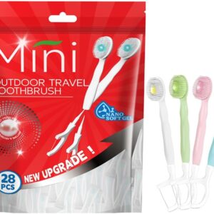 28 Packs Mini Brushes-Disposable Toothbrushes with Toothpaste + Floss + Pick + Tongue Scraper Travel Size Individually Wrapped Business Trip Work or Travel (Mix Flover)