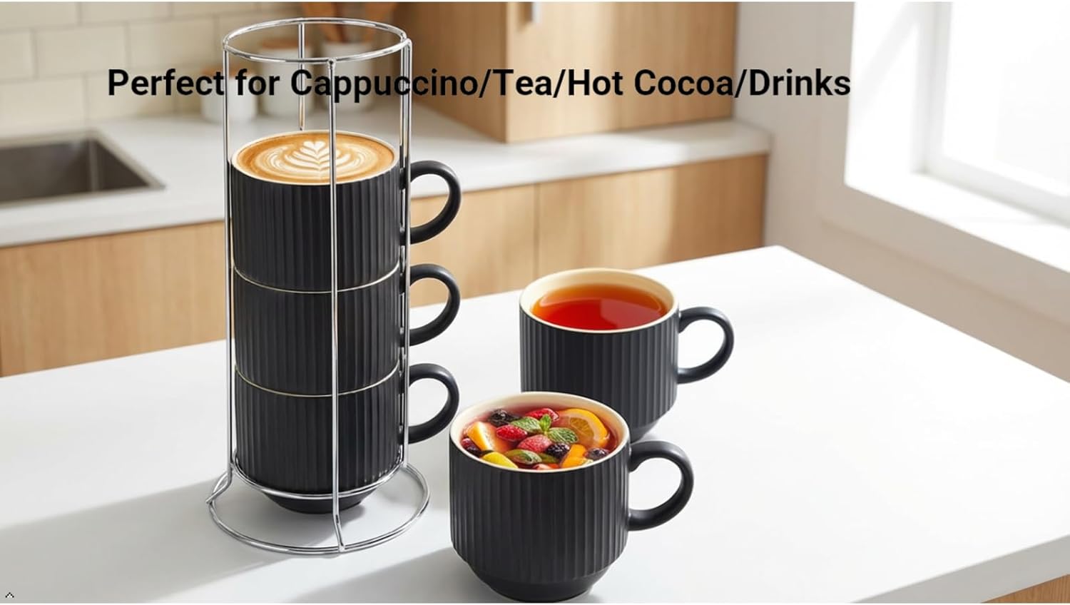HASENSE Coffee Mug Ceramic Set of 4 with Stand, Stackable Large Latte Cups with Metal Stand, Dishwasher & Microwave Safe, Black for Cappuccino Tea Hot Cocoa - Image 9