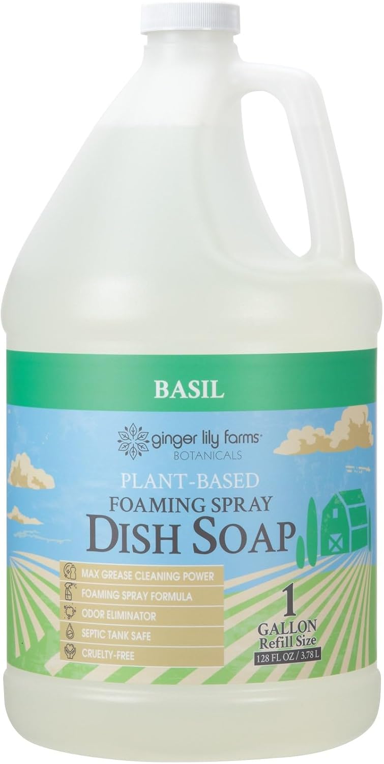 Ginger Lily Farms Botanicals Plant-Based Foaming Spray Dish Soap, Concentrated Formula with Max Grease Cleaning Power, Cruelty-Free, Basil Scent, 1 Gallon Refill (128 Fl Oz) - Image 2