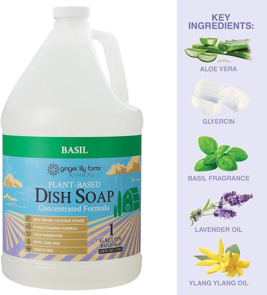 Ginger Lily Farms Botanicals Plant-Based Liquid Dish Soap, Concentrated Formula with Max Grease Cleaning Power, Cruelty-Free, Basil Scent, 1 Gallon Refill (128 Fl. Oz.) - Image 5