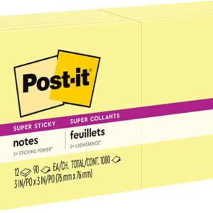 Post-it Super Sticky Notes, 12 Sticky Note Pads, 3 x 3 in., School Supplies, Office Products, Sticky Notes for Vertical Surfaces, Monitors, Walls and Windows, Canary Yellow