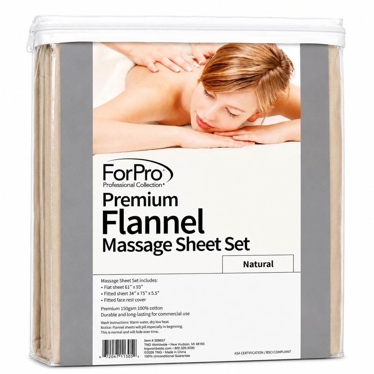 ForPro Premium Flannel 3-Piece Massage Sheet Set for Massage Tables, Includes Flat, Fitted Sheet, and Fitted Face Rest Cover, Natural - Image 3