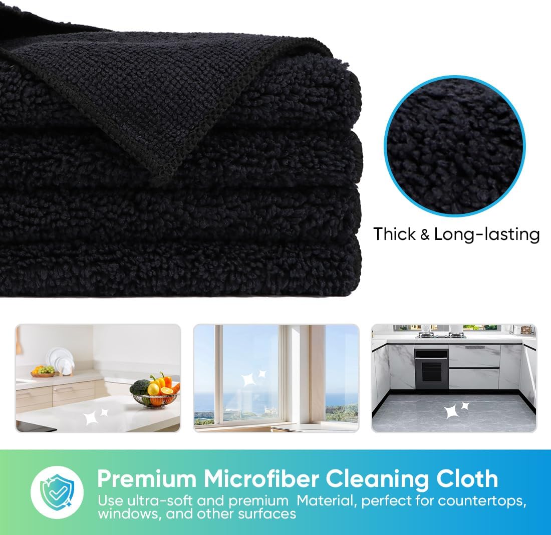 HOMEXCEL Black Microfiber Cleaning Cloth, 12 Pack Premium Microfiber Towels for Cars, Lint Free, Scratch-Free, Highly Absorbent, Reusable Cleaning Rags for Car, Household, Kitchen, Window, 11.5"X11.5" - Image 5