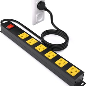 Heavy Duty 6 Outlet Metal Long Power Strip, 2700J Surge Protector with 15A Circuit Breaker, 6FT Extension Cord, Wall Mount for Garage, Workshop & Industrial Use, Wide Spaced (6ft)