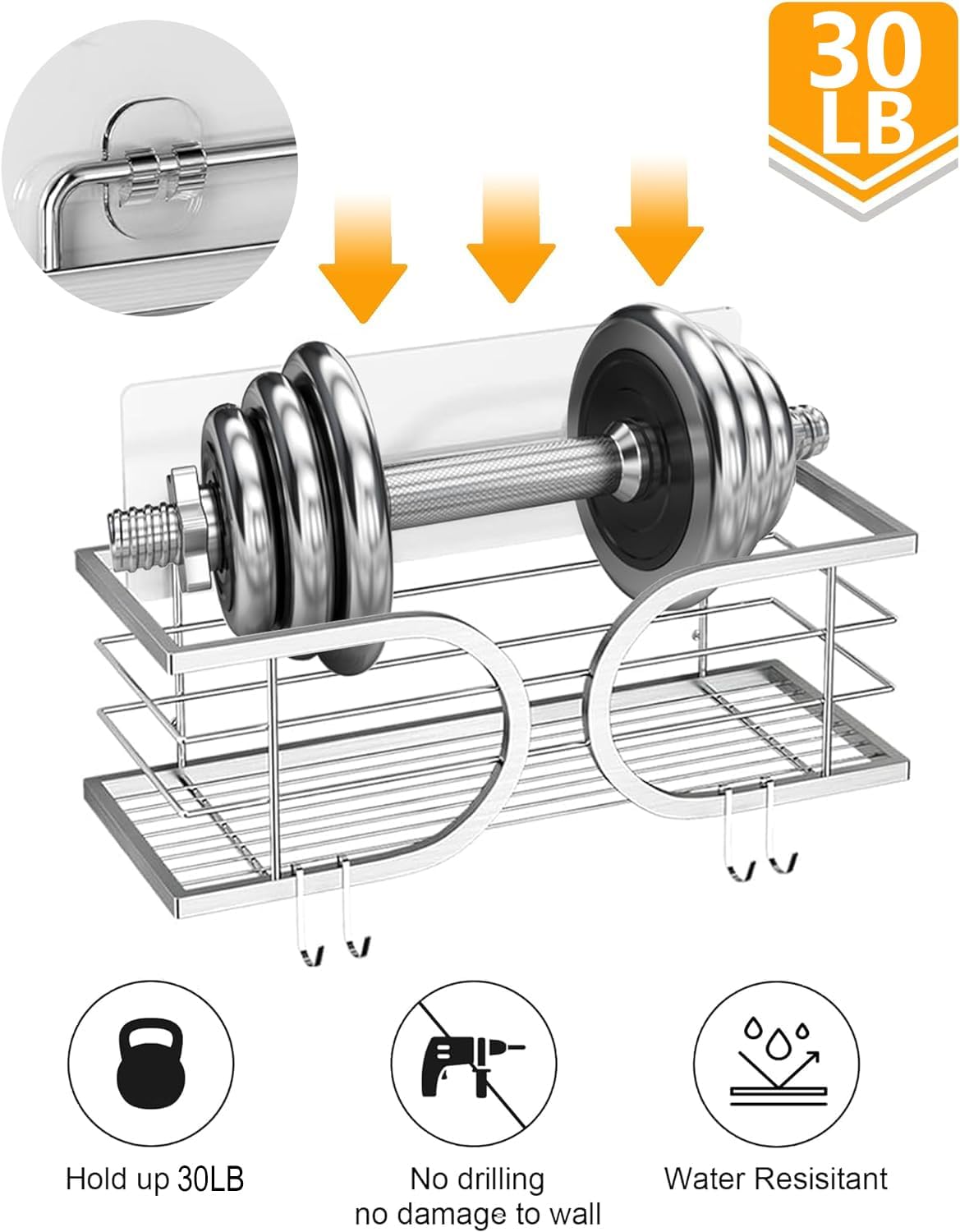 Shower Caddy No Drill Wall Mounted 304 Stainless Steel Durable Large Capacity Adhesive Shower Rack Organiser Quick Dry Rustproof Bathroom Storage Shelves - 2 Pack (Silver) - Image 5
