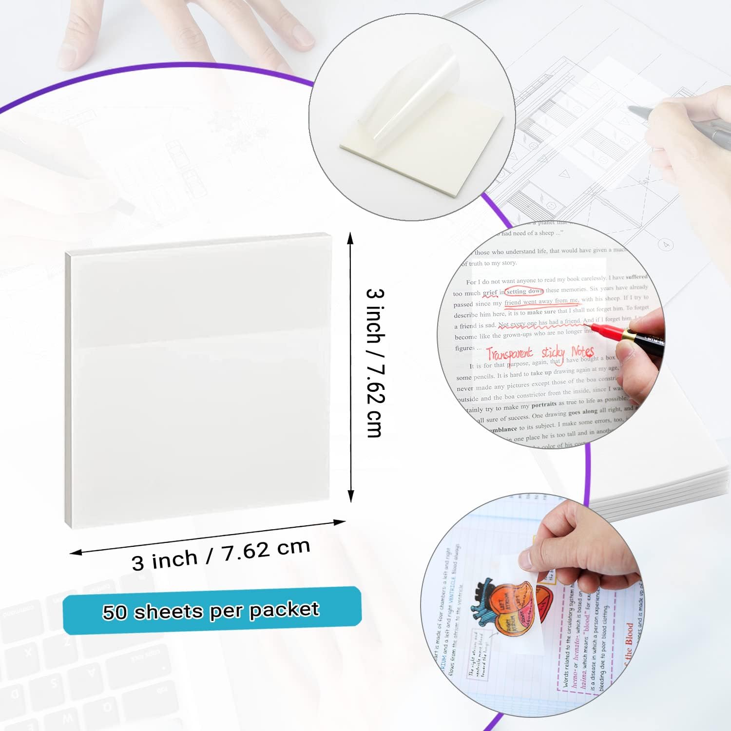 Transparent Sticky Notes - 3x3 inch Clear Sticky Notes Waterproof Self-Adhesive Translucent Sticky Note Pads for Books Annotation, See Through Sticky Note (200 Sheets) - Image 5